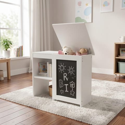 White 3-in-1 kids bookshelf with chalkboard and storage