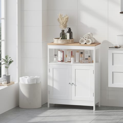 Modern white storage cabinet with double doors and natural wood top in a bathroom