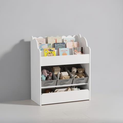White wooden bookshelf with storage bins and drawer in a nursery