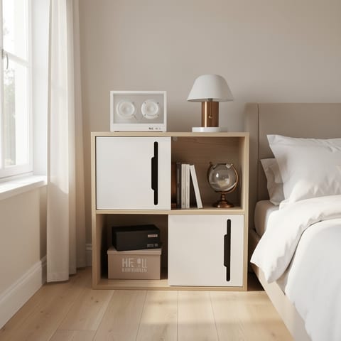 Light wood storage cabinet with sliding doors and open shelves in a bedroom
