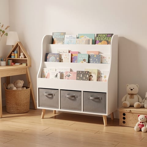 White wooden bookshelf with gray fabric bins and books on shelves in a child's room