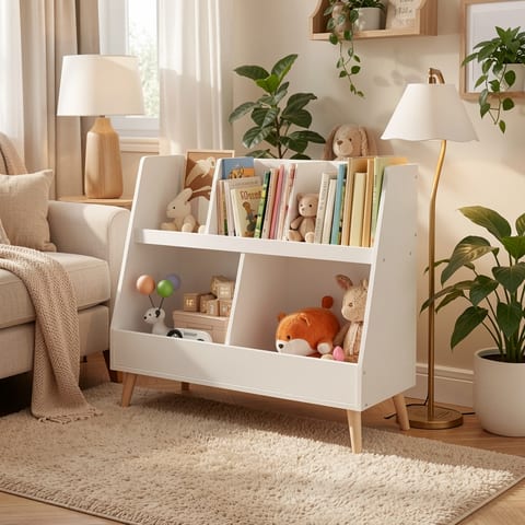 White wooden bookshelf with 5 cubbies and 2 storage compartments, holding books and toys in a child's room