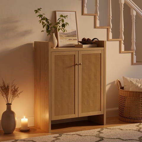 Rattan shoe cabinet with doors in a stylish entryway