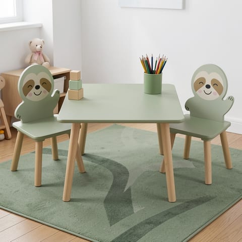 Sage green toddler table and chair set with sloth design
