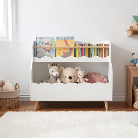 White kids bookcase with books and toys