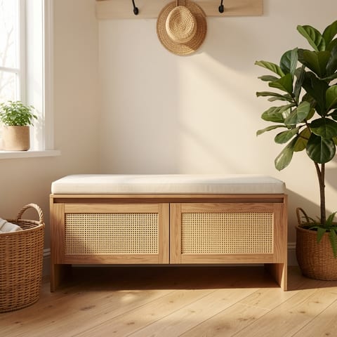 Rattan storage bench with cushion in a modern entryway