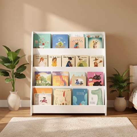White 4-tier bookshelf with colorful children's books in a cozy nursery