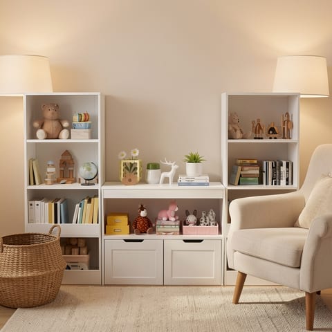 White book organizer with toys and books on shelves