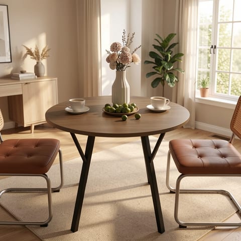 A small round dining table with a wooden top and black metal legs, set with two cups of coffee and a vase of flowers