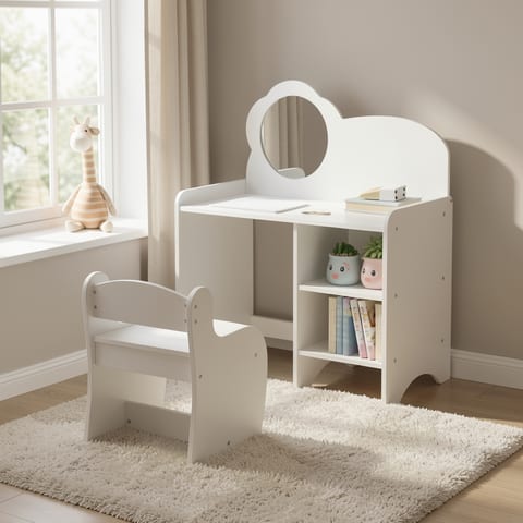 White kids vanity table with mirror and chair in a child's room