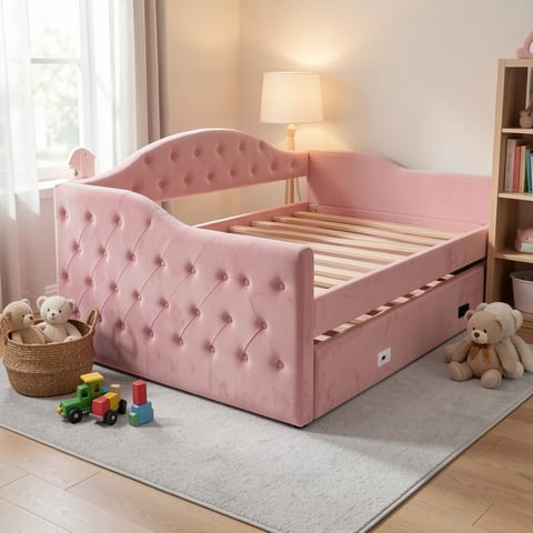 Pink tufted upholstered daybed with trundle and USB charging ports
