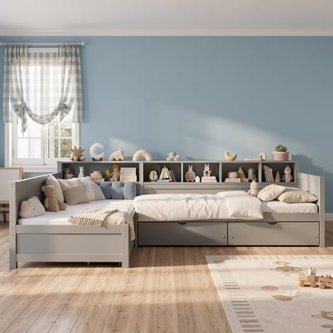 Twin size L-shape bed frame with storage and bookshelf in a child's room