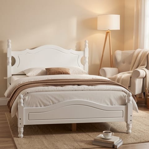 White wooden platform bed frame with slatted support