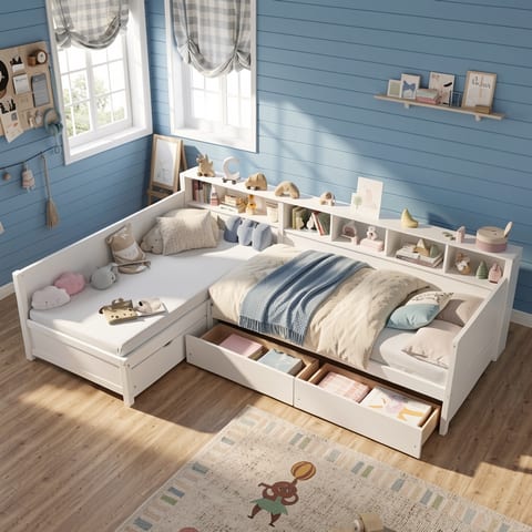 White L-shape daybed with storage and bookshelf