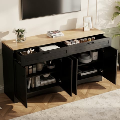 Black TV stand with wooden top and two drawers open