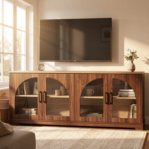 A stylish wooden TV stand with semi-arched glass doors in a modern living room.
