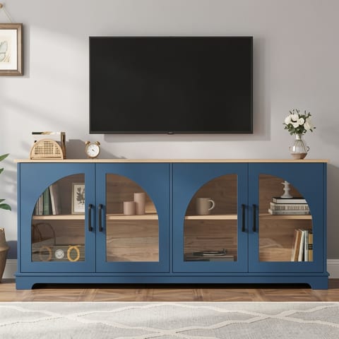 Blue and wood TV stand with semi-arched glass doors