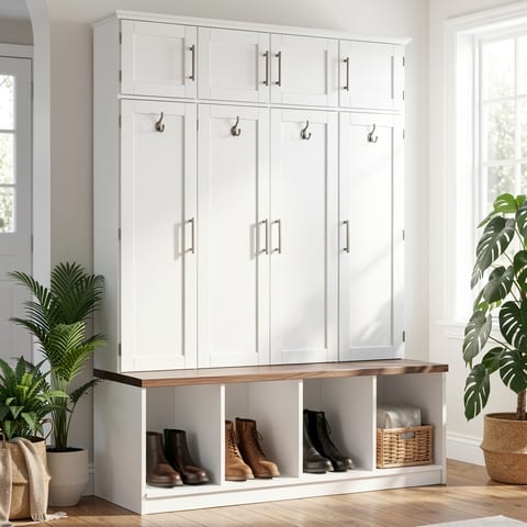 White storage cabinet with wooden bench and multiple doors