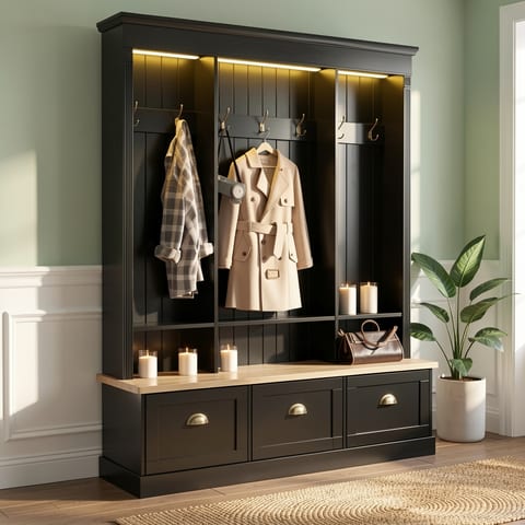 Black hall tree with hooks, drawers, and LED lights