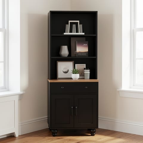 Black farmhouse storage cabinet with 4 solid wood gourd-shaped legs