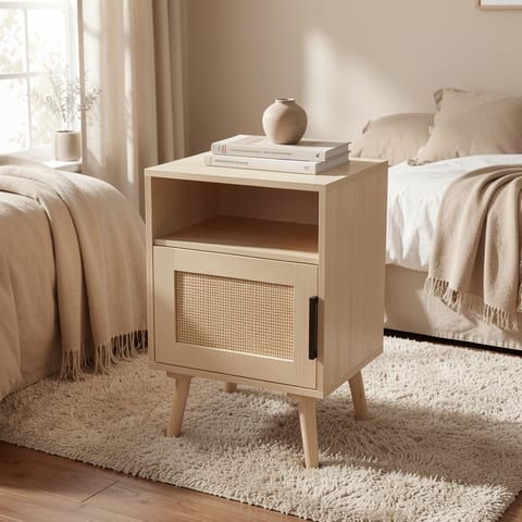 Light wood nightstand with rattan door and open shelf, holding books and decor
