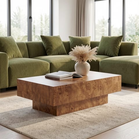 Burl wood veneer coffee table with MDF pedestal base