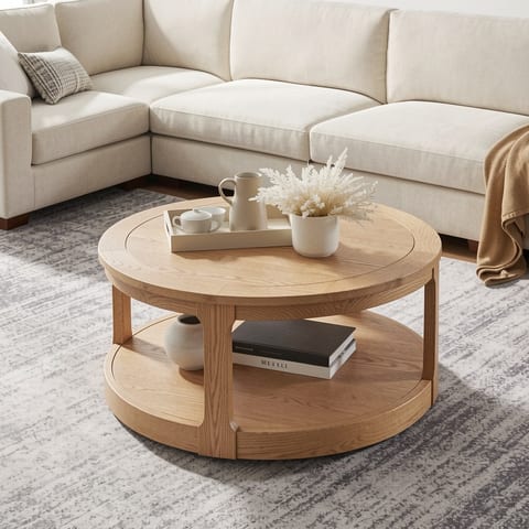 Light wood round coffee table with two tiers and a minimalist design