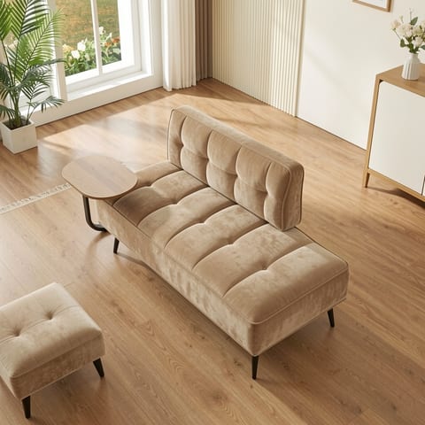 A beige velvet sofa with a backrest and rotating side table in a modern living room