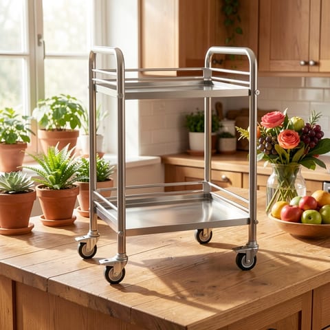 Stainless steel cart with two tiers and lockable wheels