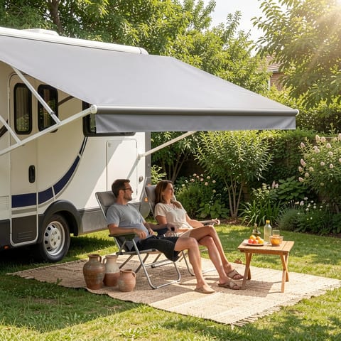 Gray RV awning fabric replacement on a clean background