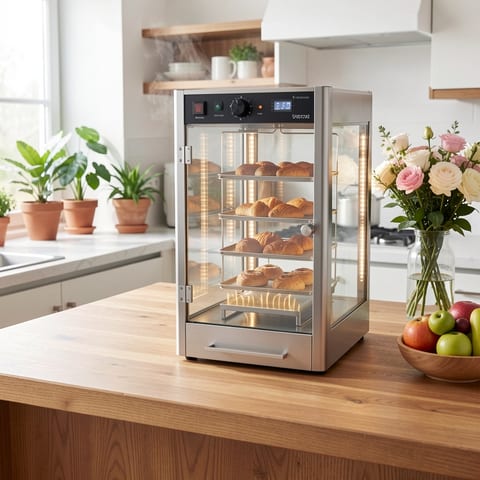 Commercial food warmer display with pizzas inside