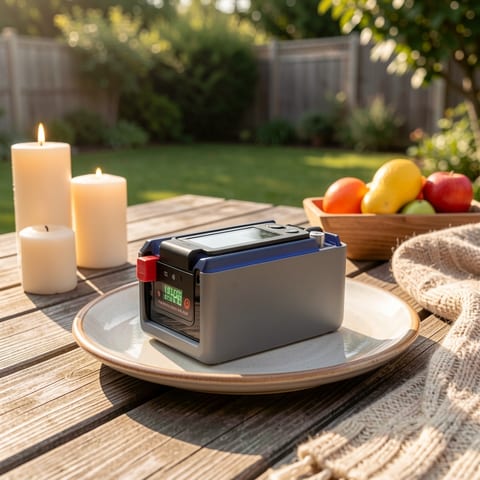 Multi-voltage battery charger on grass next to batteries and golf cart