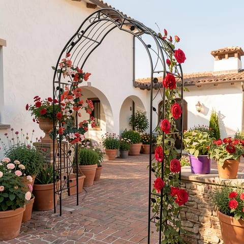 Black metal garden arch with climbing roses in a courtyard