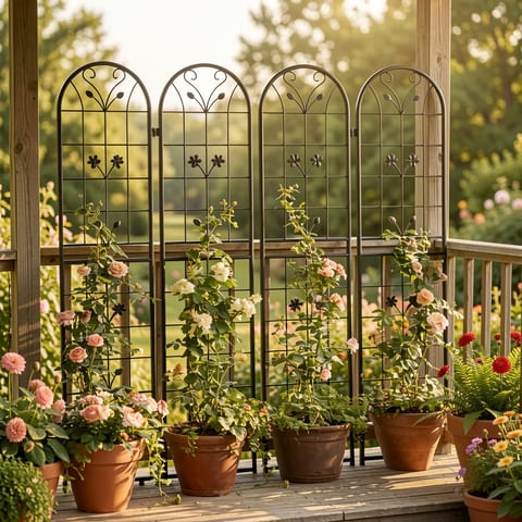 Four black metal garden trellises with arched tops and floral designs, standing against a wall with potted plants and a wooden chair.