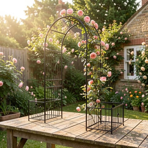 Black metal garden arch with climbing plants and flowers