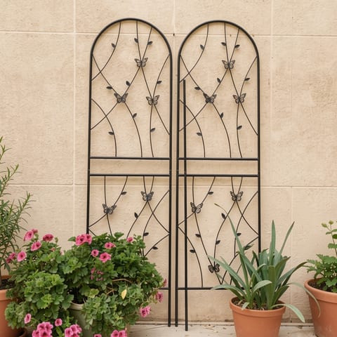 Black metal garden trellis with butterfly design