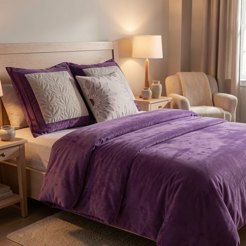 Purple comforter set with faux suede and leaf pattern