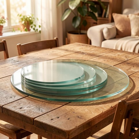 Clear glass table top with beveled edge on white background