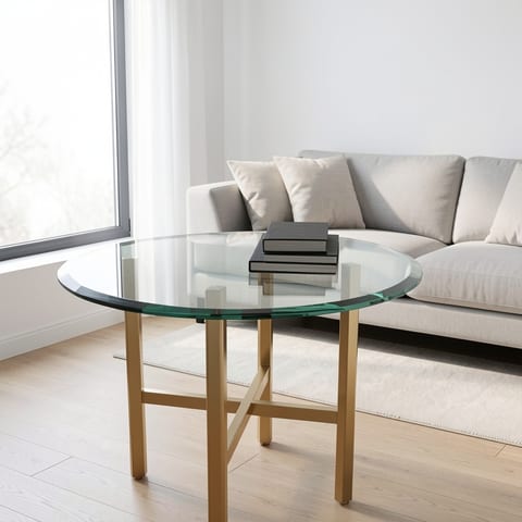 A round glass table top with a beveled edge on a gold base in a room with a vase of flowers and books.