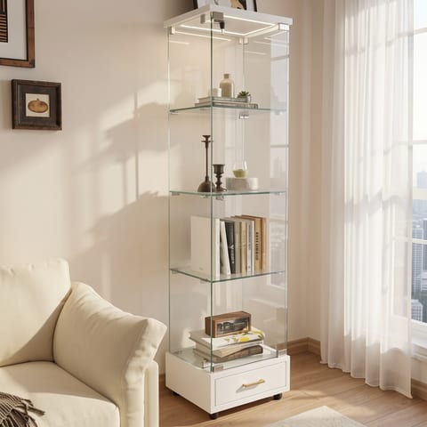 Modern glass display cabinet with LED lights and white base