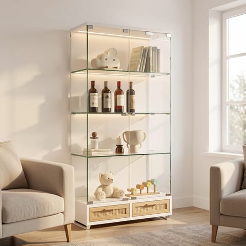 Modern glass display cabinet with white frame and LED lights