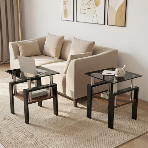 Modern tempered glass and MDF end tables in a living room