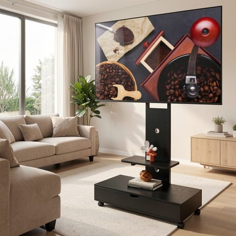 Black TV stand with a large screen TV on top, in a living room