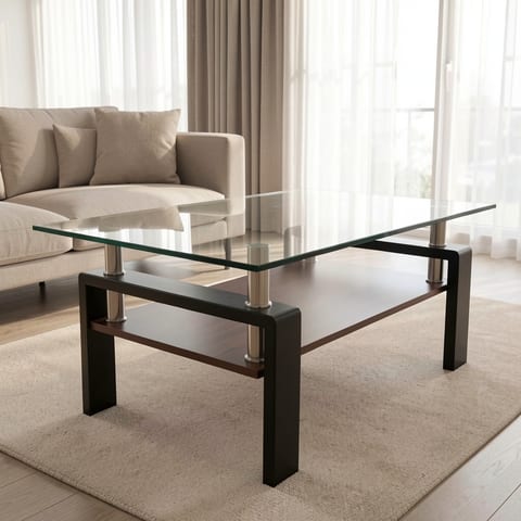 Modern living room with glass coffee table and white couch
