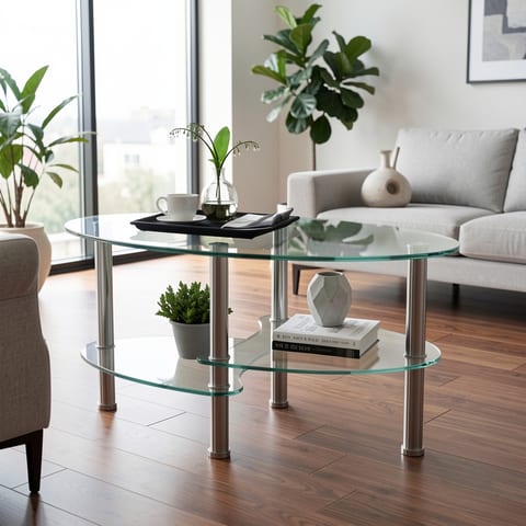 Oval glass coffee table with stainless steel legs on a seamless light background
