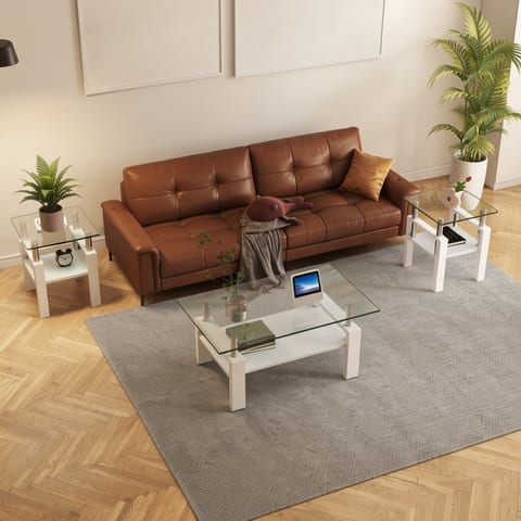 Modern living room with glass and white end tables