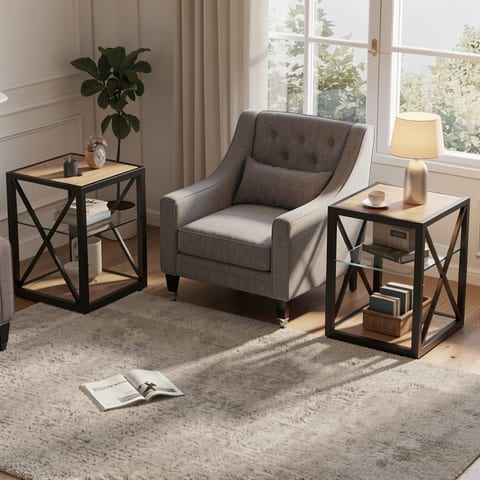 A black metal and wood end table with glass shelves