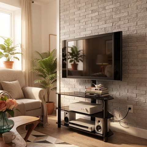 Black 3-tier TV stand with swivel bracket in a modern living room