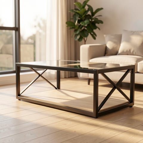A black metal and wood coffee table with a glass top in a living room.