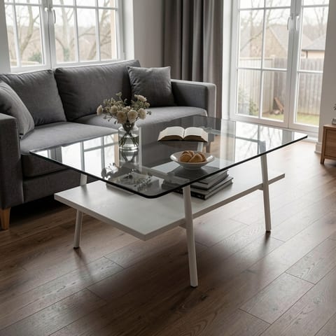 Gray glass coffee table with white metal legs on a seamless light background